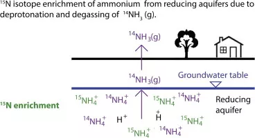 Schematisk figur över hur ammonium ombildas till ammoniak i en akvifär i  Hanoi, Vietnam (från Norrman et al. 2015)