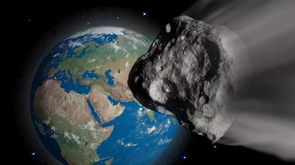 Meteorit på väg att krocka med jorden. Illustration.